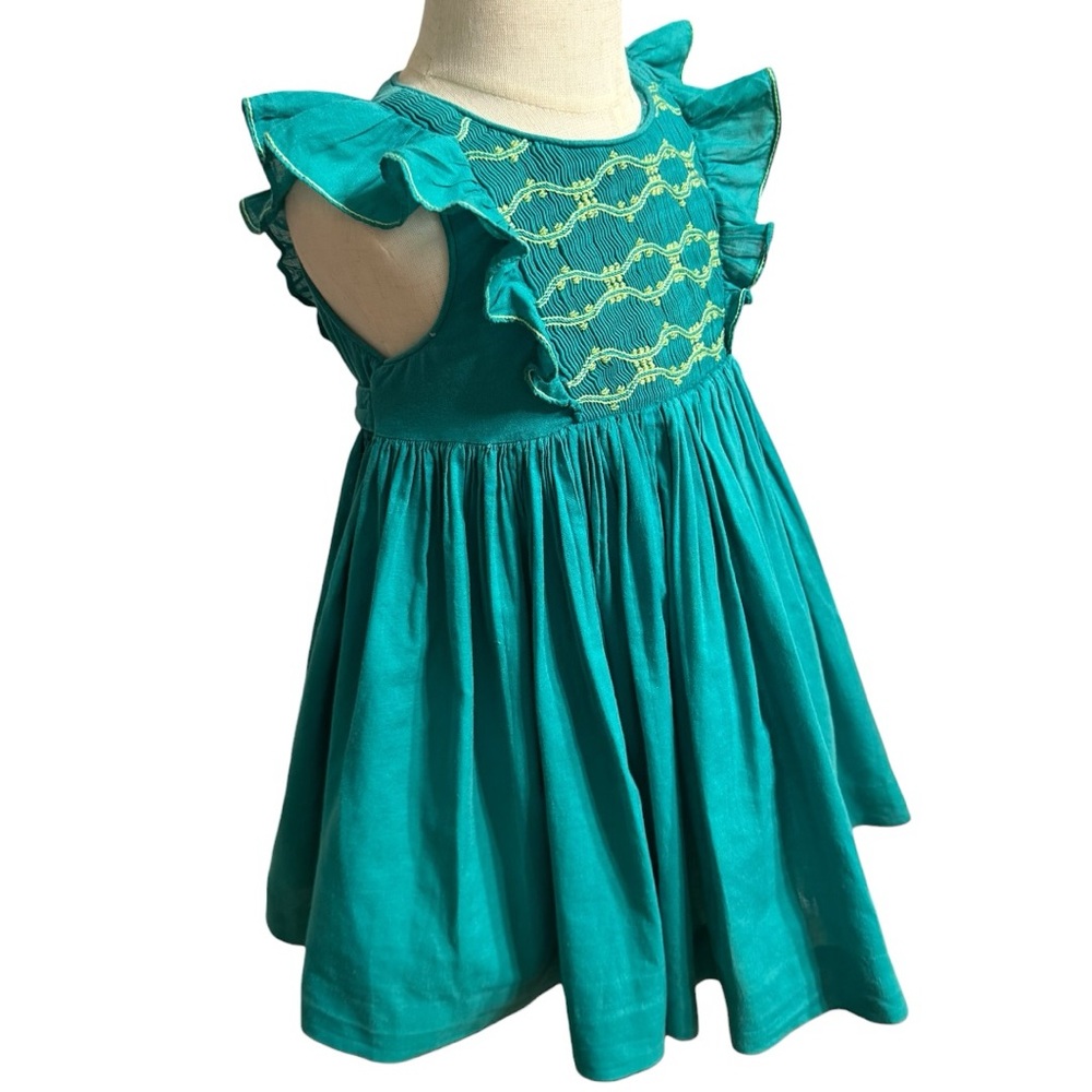 Charlotte Sy Dimby Paris Hand Smocked Teal Heirloom Dress 3A Toddler - Picture 6 of 11